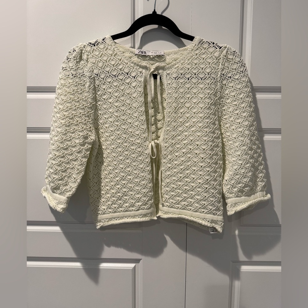ZARA Pointelle knit Sweater 5755/042 Cream Tie Front Cropped Womens Size Small